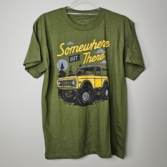Green Graphic Short-Sleeve Tee w Yellow SUV Print, 100% Cotton, Kids Size Large - Picture 1 of 8